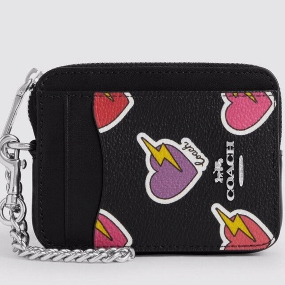 NWT COACH CW453 Zip Card Case Wallet Heart Bolt Print Coated Canvas Black NEW - Picture 1 of 5